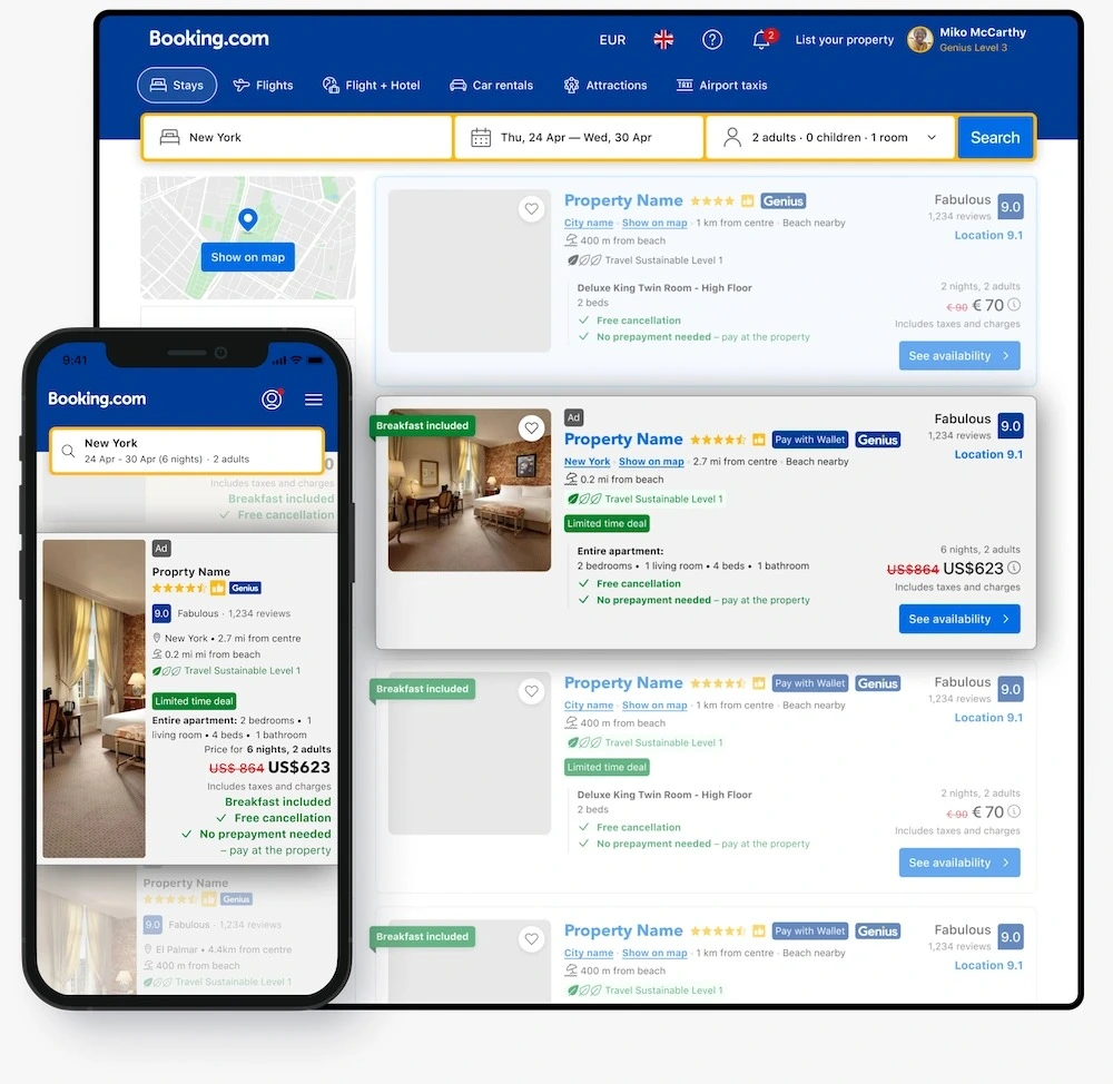 Ukážka reklamy Booking Ads vo výsledkoch vyhľadávania na Booking.com — na počítači aj v mobile, s označením Ad